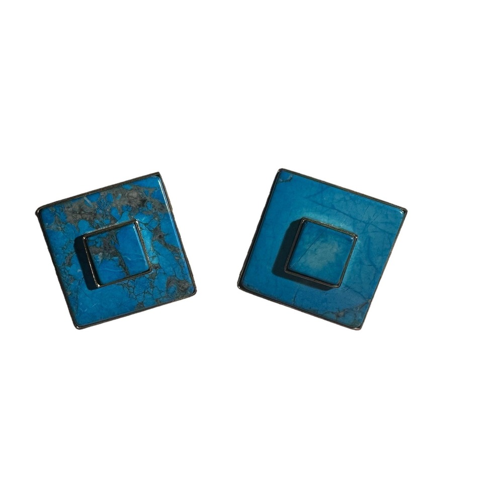 Vintage Southwest Turquoise Square Clip On Earrings Brass Bronze Tone Signed